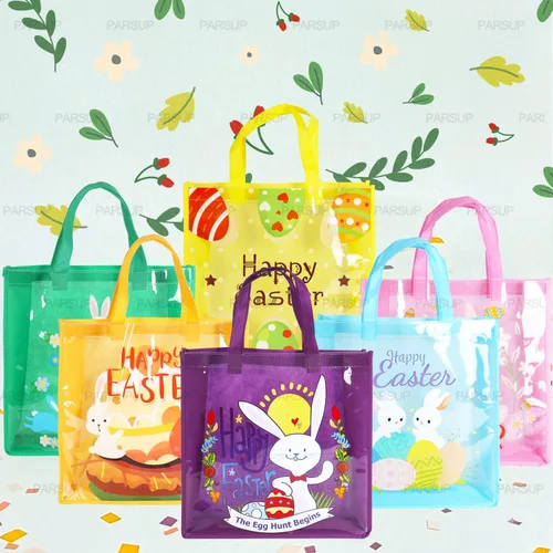 Vista 4 de 6 bolsas de caza de huevos de Pascua felices, bolsas de regalo de huevos de zanahoria con asas, bolsas multifuncionales no tejidas para envolver