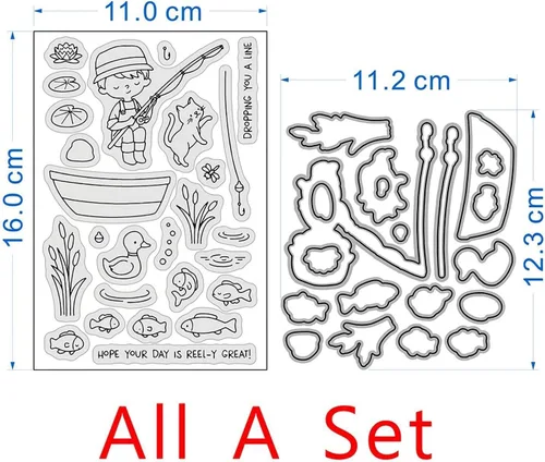 Vista 3 de Juego de sellos y troqueles para niños de pesca para hacer tarjetas, sellos transparentes y troqueles de corte de metal para álbumes de recortes