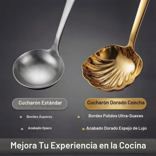 Vista 8 de Gold - Juego de 2 cucharones de sopa de acero inoxidable 18/10 de alta calidad con diseño artístico en forma de concha, cucharón pequeño de 9