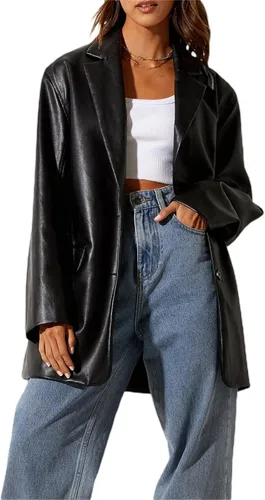 Vista 3 de Chaqueta de cuero para mujer, chaqueta de gran tamaño, con solapa frontal, de piel sintética, chaqueta de otoño e invierno
