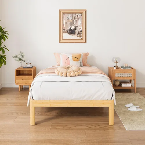 Vista 6 de ZIYOO Marco de cama de plataforma de bambú de tamaño individual de 14 pulgadas, diseño minimalista moderno, soporte resistente, fácil montaje,