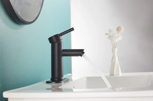 Vista 5 de Grifo de lavabo de baño negro a juego con desagüe desplegable con desbordamiento de una sola manija de un agujero, grifo de baño de latón para baño