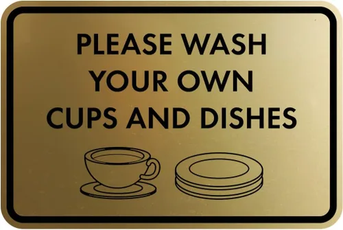 Vista 39 de Letrero clásico enmarcado con texto en inglés «Please Wash Your Own Cups and Dishes» (negro)