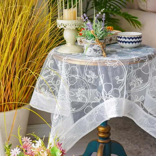Vista 2 de ARTABLE Mantel de encaje blanco para boda, dobladillo de organza, cuadrado, pequeño, rectangular, vintage, para el hogar, fiesta al aire libre