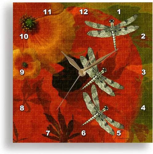 Vista 3 de Reloj de pared 3D con diseño de amapolas y libélulas, 10" x 10
