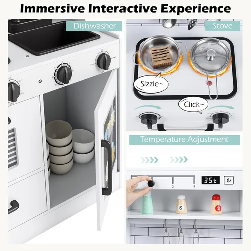 Vista 3 de INFANS Juego de cocina para niños, cocina de madera con sonido ligero realista, juguete de cocina para niños y niñas mayores de 3 años (blanco)
