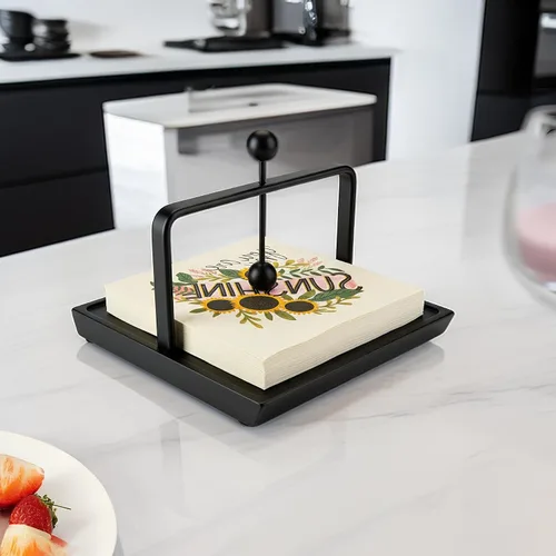 Vista 2 de ALLCENER Servilletero para mesa con brazo pesado Servilletero plano moderno negro Diseño de metal mate y madera para encimera de cocina, comedor