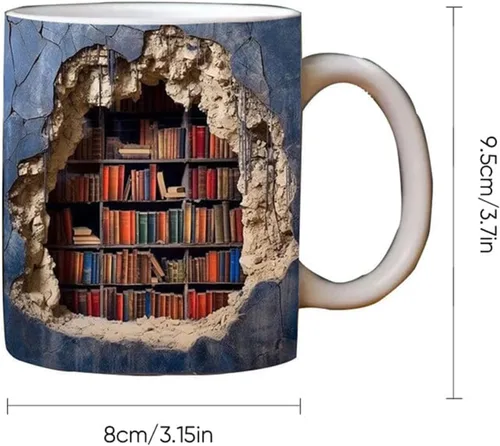 Vista 6 de Taza de estantería 3D, tazas de biblioteca, taza de café para amantes de los libros, taza de cerámica con diseño creativo del espacio para mujeres