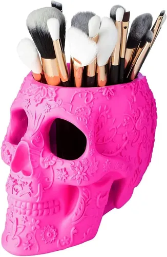 Vista 14 de Soporte para brochas de maquillaje de calavera, soporte para bolígrafos, tocador, escritorio, organizador de oficina, estacionario, maceta Negro