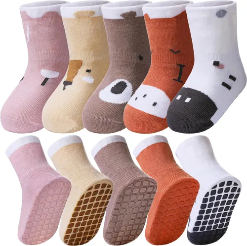 Vista 9 de Yebing Calcetines para bebés y niños pequeños, calcetines antideslizantes con agarres, calcetines de algodón para regalos