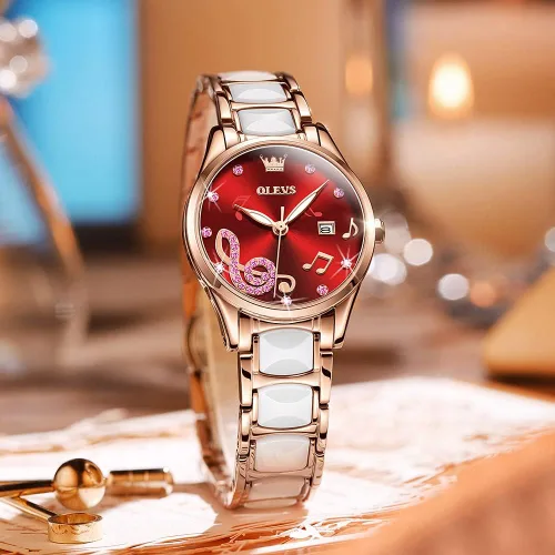 Vista 8 de OLEVS Reloj de pulsera para mujer, oro rosa, elegante, de cerámica, para mujer, de cuarzo, acero inoxidable, impermeable, luminoso