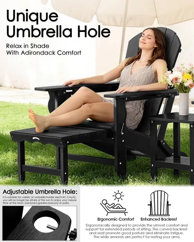 Vista 5 de Silla Adirondack plegable con reposapiés extraíble para patio al Negro