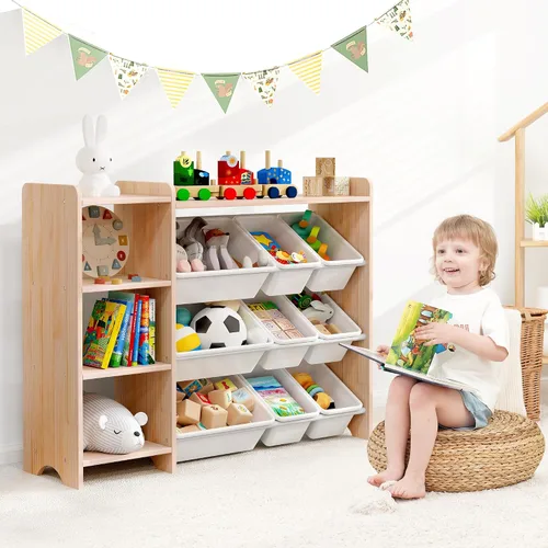 Vista 13 de MallBest Estante organizador de almacenamiento de juguetes para niños de 4 niveles, 100% madera maciza, armario de almacenamiento para niños con 9