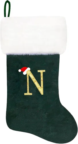 Vista 33 de Calcetines de Navidad bordados de 20 pulgadas con monograma, terciopelo negro con puño de felpa blanca supersuave, adornos clásicos para decoración