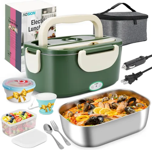 Vista 10 de AOSION Lonchera Eléctrica para Adultos, Lonchera Térmica 3 EN 1 con Contenedor de 1.5L, Lonchera Eléctrica Portátil de 80W, Calentador de Alimentos