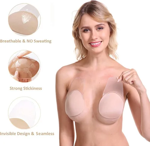 Vista 4 de Sujetador adhesivo invisible sin tirantes, sin espalda, push up pezón cubre pasties para mujeres, L, Color piel (nude)