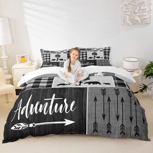Vista 8 de Juego de funda de edredón para niños de ciervo, oso, lobo, tamaño individual, juego de ropa de cama de cabaña de aventura para niños, niñas