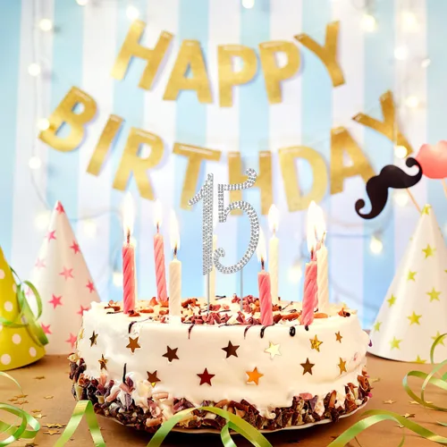 Vista 6 de ABOOFAN - Decoración para tarta de cumpleaños número 15, con diamantes de imitación plateados número 15, suministros de fiesta de aniversario