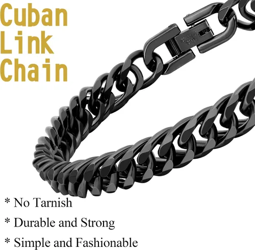 Vista 3 de Collar de pulsera Figaro de eslabones cubanos de 3 piezas, plata dorada y negra, resistente acero inoxidable 316L, cadena Figaro de eslabones
