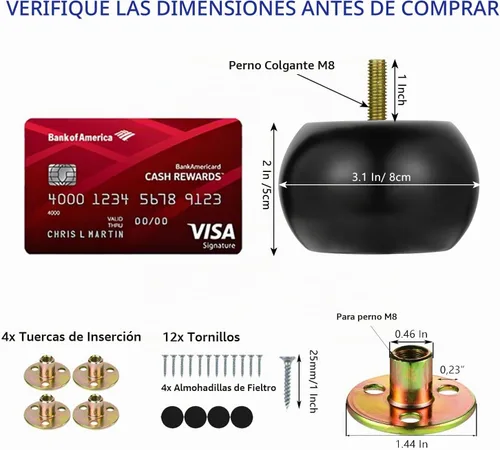 Vista 3 de Maricome Patas de Moño Negras de 2 Pulgadas para Muebles Juego de 4 Patas Redondas de Sofá Otomano con Perno M8 Preperforado Negro