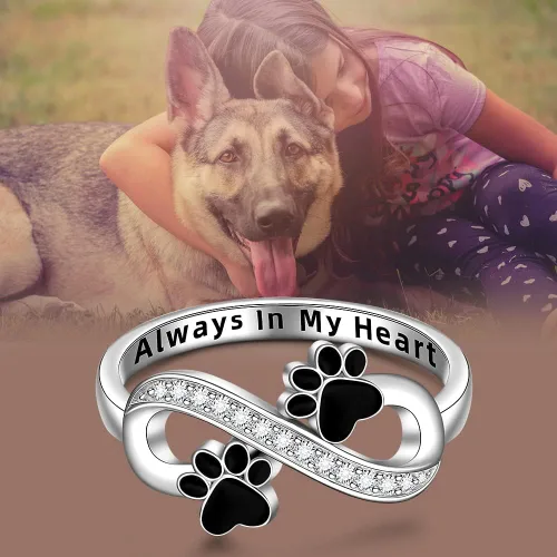Vista 7 de Anillo de plata de ley con estampado de pata de gato y perro para mujer, anillos con estampado de pata de infinito Always In My Heart Memorial