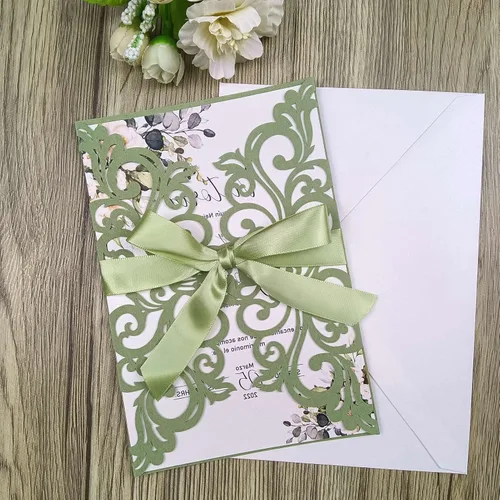 Vista 7 de 25 tarjetas de invitaciones de boda cortadas con láser de terracota con sobres, hojas interiores en blanco, cintas para boda, despedida de soltera