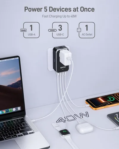 Vista 2 de EPICKA Air 40W Adaptador de viaje universal, adaptador de corriente internacional de carga rápida PD con 1 AC y 4 puertos USB, artículos compactos