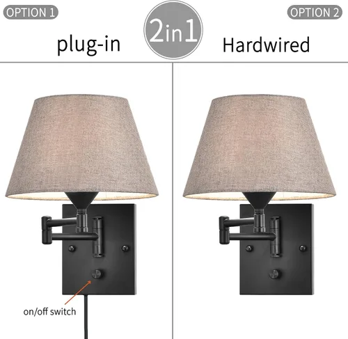 Vista 4 de Pauwer Juego de 2 apliques de pared enchufables con brazo oscilante con cable de enchufe y pantalla de tela gris, accesorios de pared para pasillo