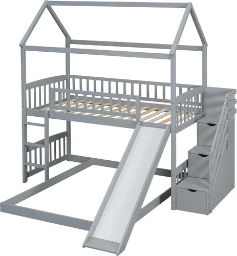 Vista 4 de Litera individual sobre cama matrimonial con tobogán, litera de madera con techo y escalera, color gris