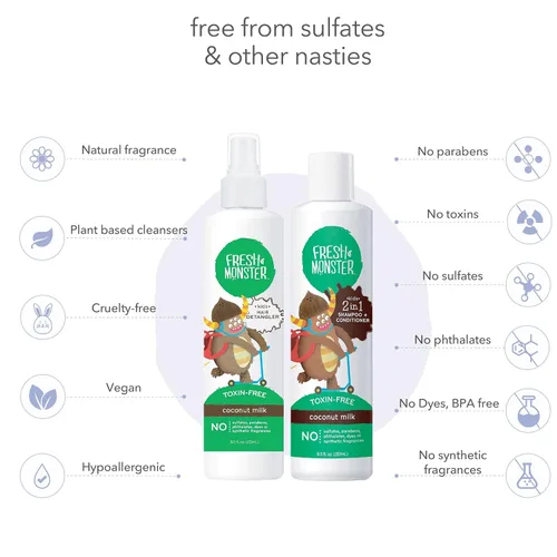 Vista 4 de Fresh Monster Spray desenredante para el cabello, champú y acondicionador 2 en 1, coco, sin toxinas, hipoalergénico y natural (8.5 onzas cada uno)