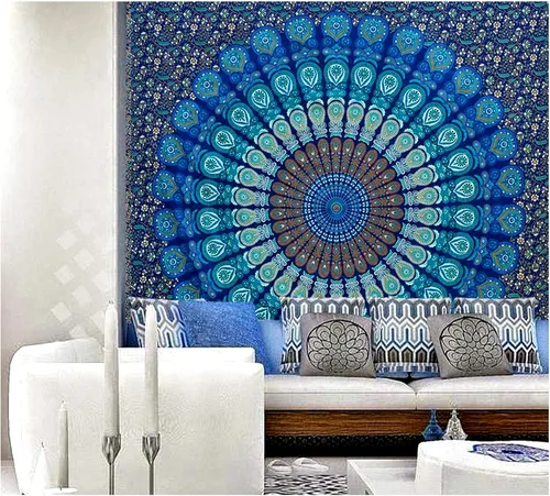 Vista 12 de raajsee - Tapiz azul y naranja con mandala - Mejor colgante de pared con mandala - Tapiz para la cama para dormitorio estético - Tamaño póster