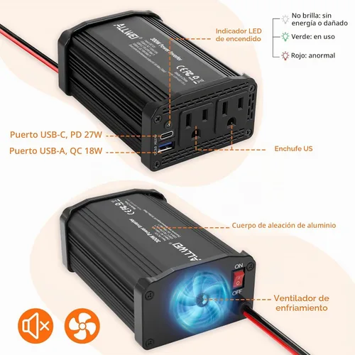 Vista 4 de ALLWEI - Inversor de corriente de 300 W, adaptador de toma de corriente con enchufe para coche, CC 12 V a CA 110 V, con cargador rápido USB-C PD