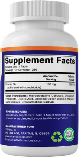 Vista 8 de Vitamatic Vitamina B6 (piridoxina HCl) 100 mg – 250 tabletas vegetarianas promueve la producción de energía, aumenta el metabolismo y apoya la salud