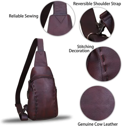 Vista 6 de LRTO Bolso de cuero genuino para mujeres y hombres, mochila vintage de cuero real, bolso cruzado de hombro, bolso de pecho