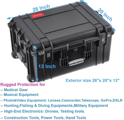 Vista 3 de Regetek Estuche rígido con ruedas con espuma, 26 x 20 x 13 pulgadas, funda para equipo con ruedas y 4 asas para cámara, dron, herramienta