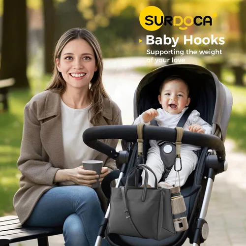 Vista 3 de SURDOCA Ganchos para cochecito de bebé, clips y ganchos para bolsa de pañales, gancho para bolsa de mamá para cochecito resistente, gancho universal
