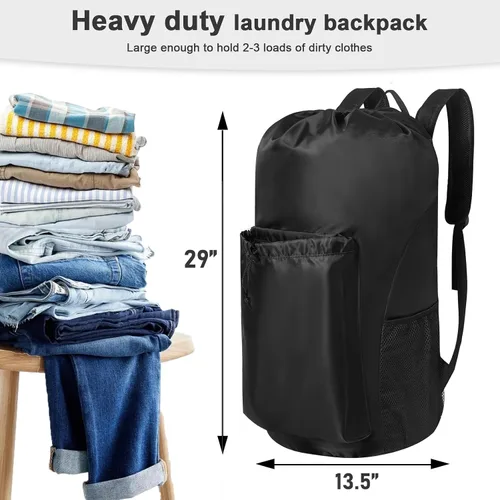 Vista 3 de Polecasa - Mochila de lavandería duradera con correas acolchonadas, tela resistente a desgarros, 3.8 oz/yd² y múltiples bolsillos, grande, Negro