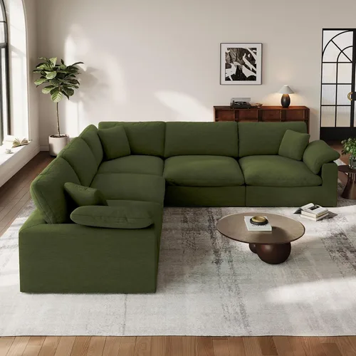 Vista 22 de Sofá modular Cloud para sala de estar, sofás de mezcla de lino en forma de L, modernos sofás de nube de asiento profundo, sofás seccionales Beige