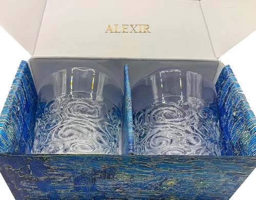 Vista 9 de ALEXIR Vasos de whisky - Juego de 2 vasos de alta calidad para los amantes del arte, cristalería de la serie Van Gogh como una pieza de arte