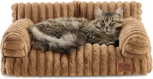 Vista 17 de Hollypet Cama de Felpa Esponjosa para Perros y Gatos, Sofá Cama Suave y Calmante para Gatos y Perros Pequeños y Medianos, Beige