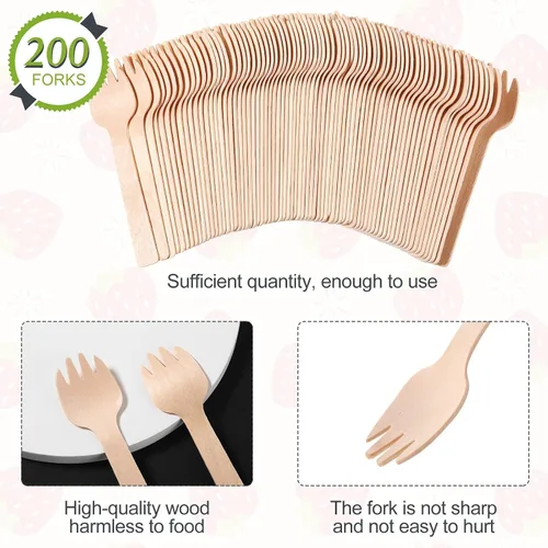 Vista 5 de Honoson 200 mini tenedores de madera desechables de 4 pulgadas a granel 2 en 1 tenedor cuchara utensilios pequeños aperitivos de madera cubiertos