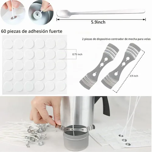Vista 2 de Kit de fabricación de velas EricX Light, 60 piezas de mechas de vela, 60 piezas de calcomanías para mechas de vela, 473 ml de cera de soya, 1 olla