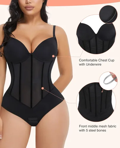 Vista 3 de FeelinGirl Body moldeador de tanga para mujer, con control de abdomen, cuello en V, de malla, parte superior delgada, sin espalda, moldeador