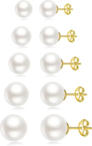 Vista 12 de JINEAR 5 pares de aretes de tuerca para mujer, chapados en oro/plata de 14K, perla, aretes pequeños tipo bola, conjunto de piercing de cartílago 1