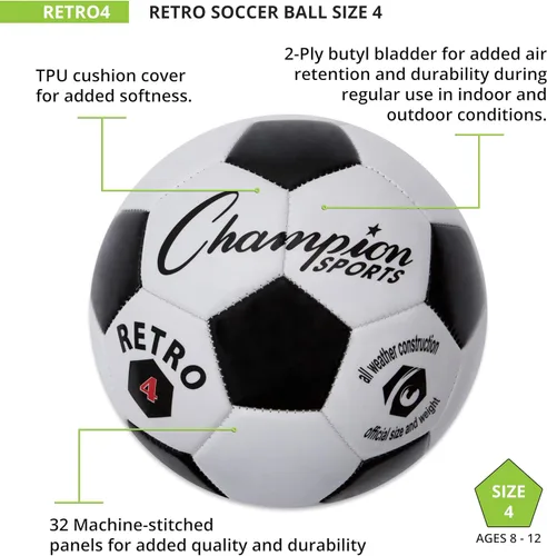 Vista 4 de Champion Sports® Balón de fútbol retro – Diseño clásico en blanco y negro, cubierta de TPU de tacto suave, balón para todo clima para juego de club