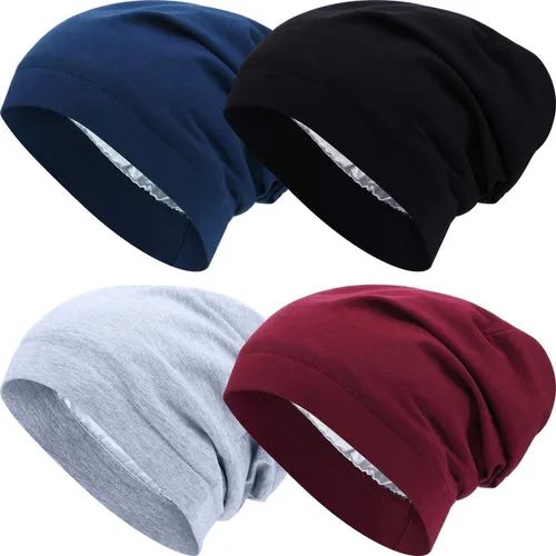 Vista 41 de 4 Pieces Satin Lined Beanie Cap Satin Sleep Lined Hat Slouchy Beanie Hat Night Silk Hair Cap for Women Men