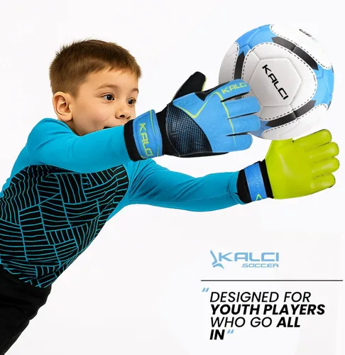 Vista 3 de Kalci Guantes de portero de fútbol para niños y jóvenes, guantes de portero para jugadores de campo para niños y niñas, en relieve, antideslizantes
