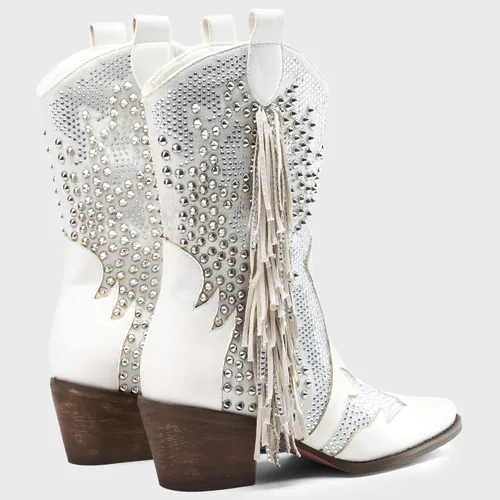 Vista 2 de Tsrenlmln Botas de tobillo para mujer, con punta puntiaguda, con diamantes de imitación, tacón grueso, remaches, botas vaqueras occidentales