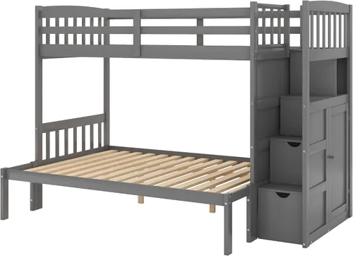 Vista 7 de Harper & Bright Designs - Litera con cama de tamaño individual sobre cama de tamaño matrimonial/individual, con 3 cajones, 4 espacios de Gris