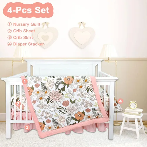 Vista 2 de Juego de ropa de cama de cuna de 4 piezas para niñas, juego de ropa de cama rosa para bebé niña con falda de cuna súper suave, edredón reversible